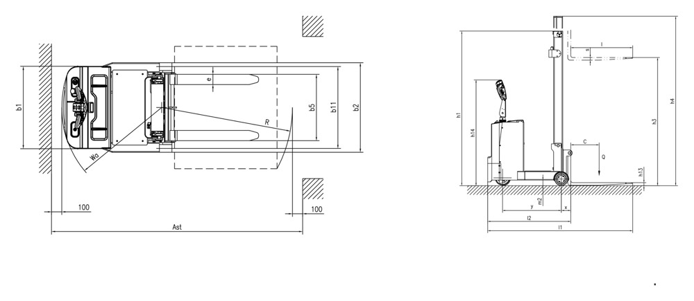E0530JZ E0730JZ pedestrian counterbalanced stacker dimensions diagram