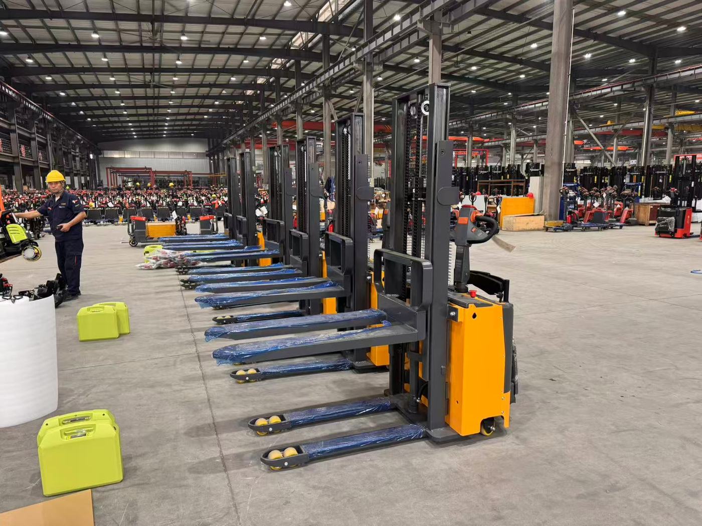 Accelift electric stackers for the Peru order lined up in the assembly hall